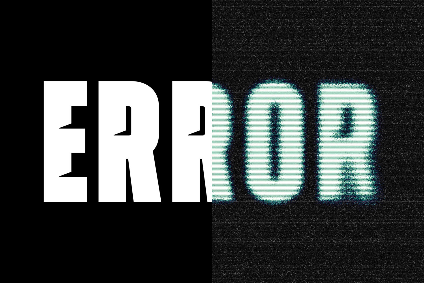 Split text design featuring the word ERROR. Bold white on left and glitch effect on right. Perfect for graphic designers and digital art.