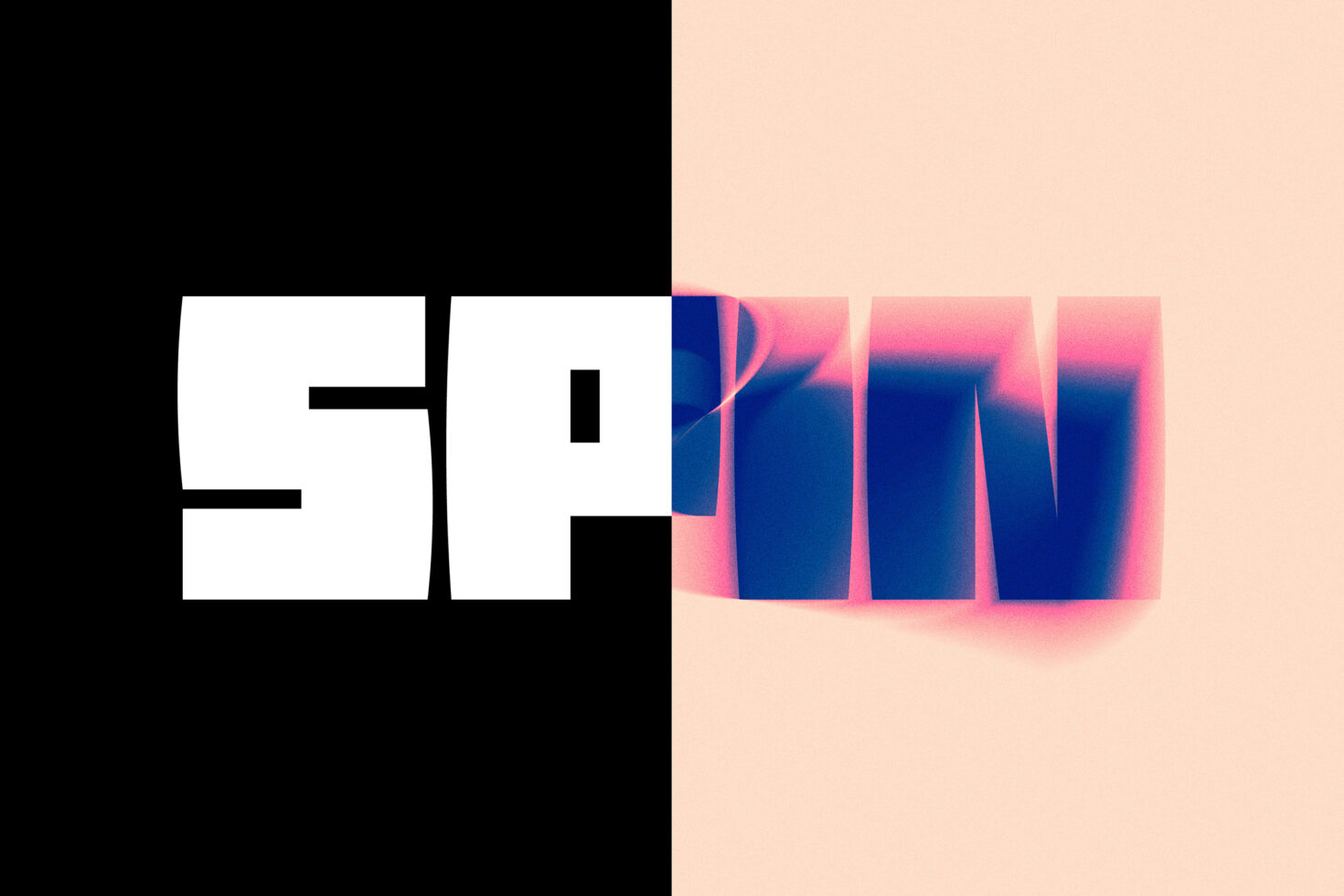 Bold typography image with split black and white background; vibrant pink and blue shadow effect on letters SPIN; ideal for graphic design projects.