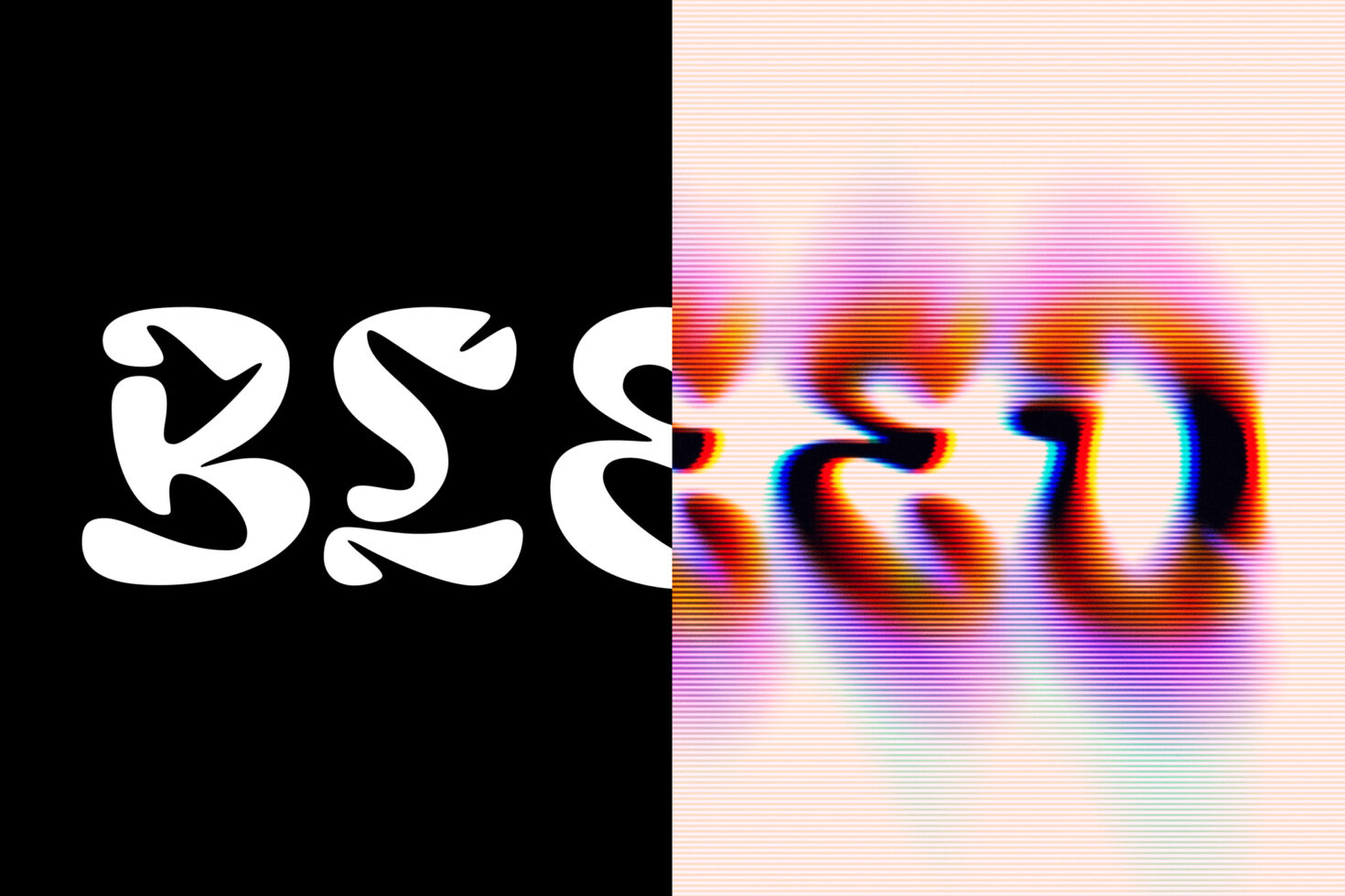 Bold artistic typography design with contrasting black and white on one side and colorful distorted glitch effect on the other ideal for graphic projects.