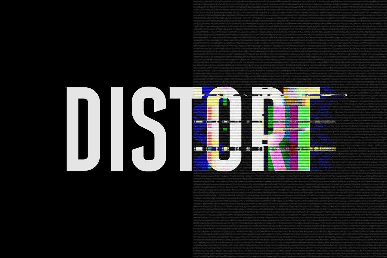 Distorted glitch typography design with colorful digital effects against black background ideal for graphic design projects and digital art assets.
