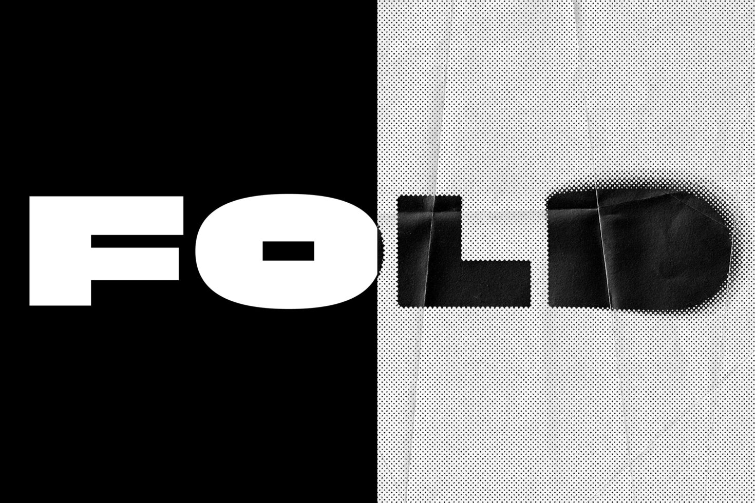Minimalist black and white typographic graphic featuring the word FOLD with a halftone and folded effect ideal for designers seeking unique templates