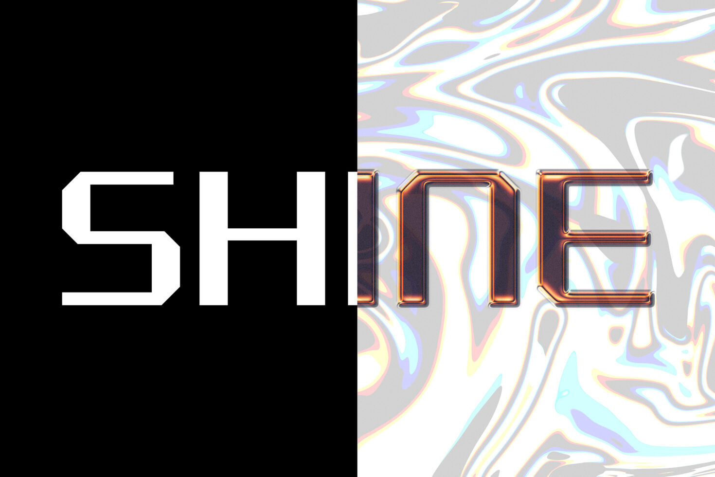 Text design reading SHINE with bold black and white contrast, metallic finish on abstract iridescent background. Keywords: typography, font, graphic, design.
