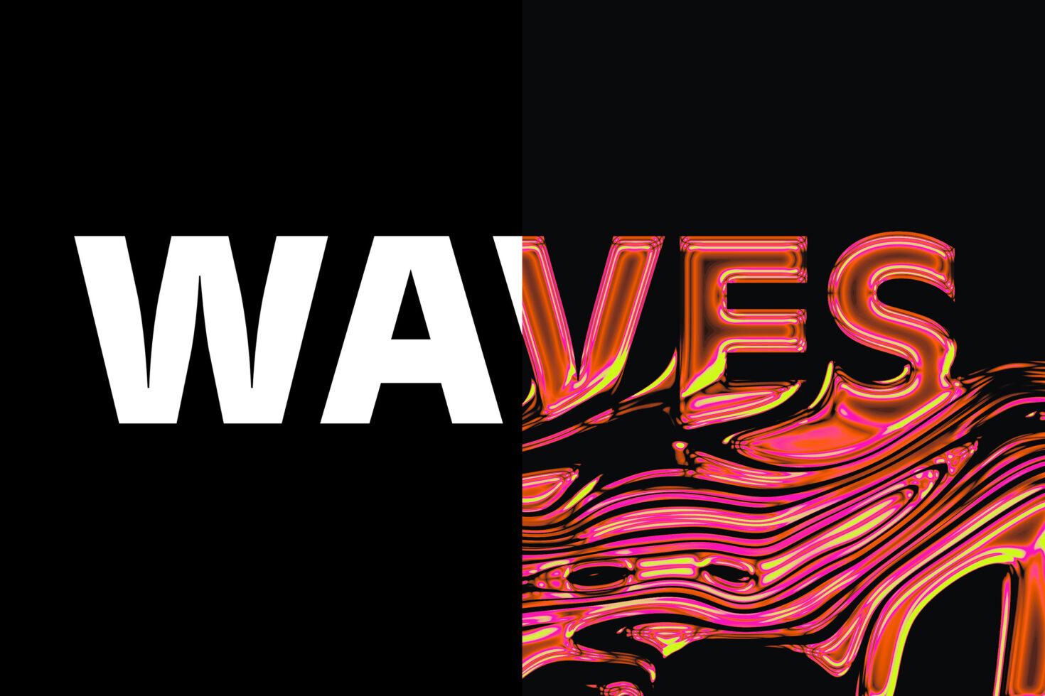 Bold text design featuring the word WAVES split with a black and vibrant glossy 3D look. Ideal for graphic templates and typography projects.