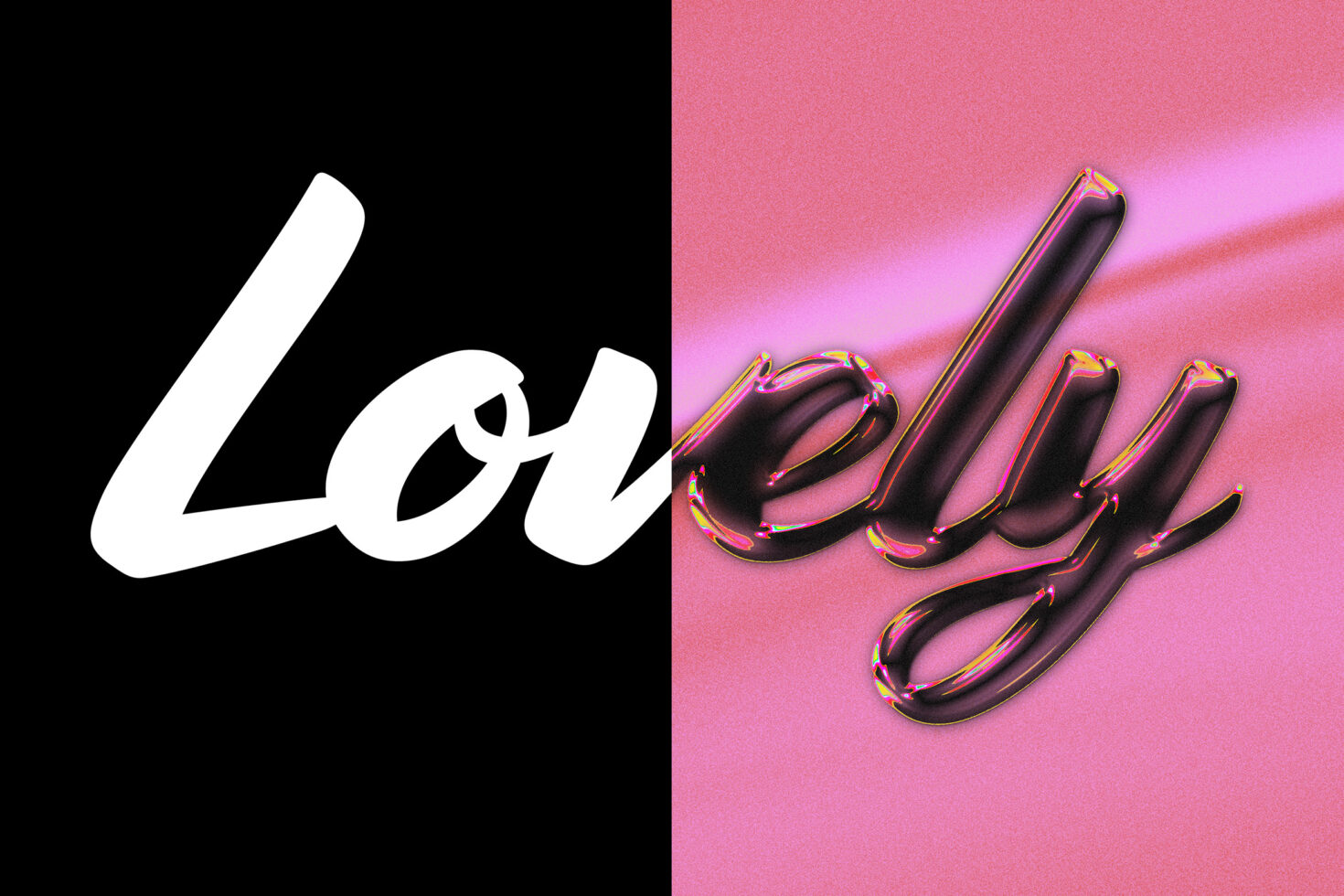 Typography split design showing the word Lovely in cursive on black and pink backgrounds. Perfect for designers looking for unique text effects in graphics.
