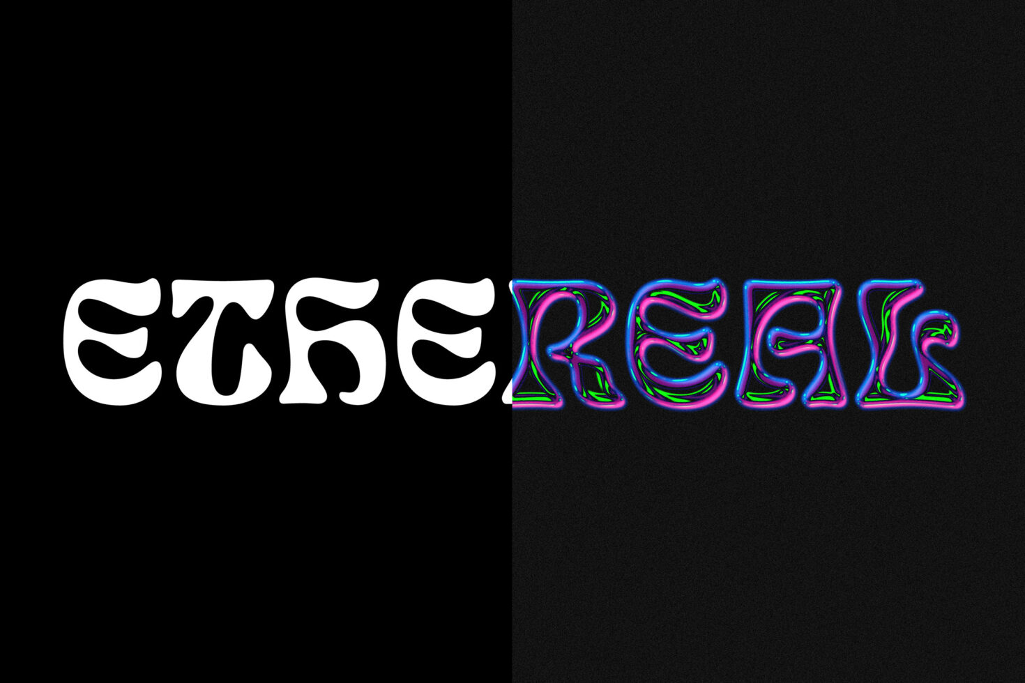 Vintage psychedelic font design spelling ETHEREAL with black and white to neon gradient effects ideal for creative templates and vibrant digital graphics.
