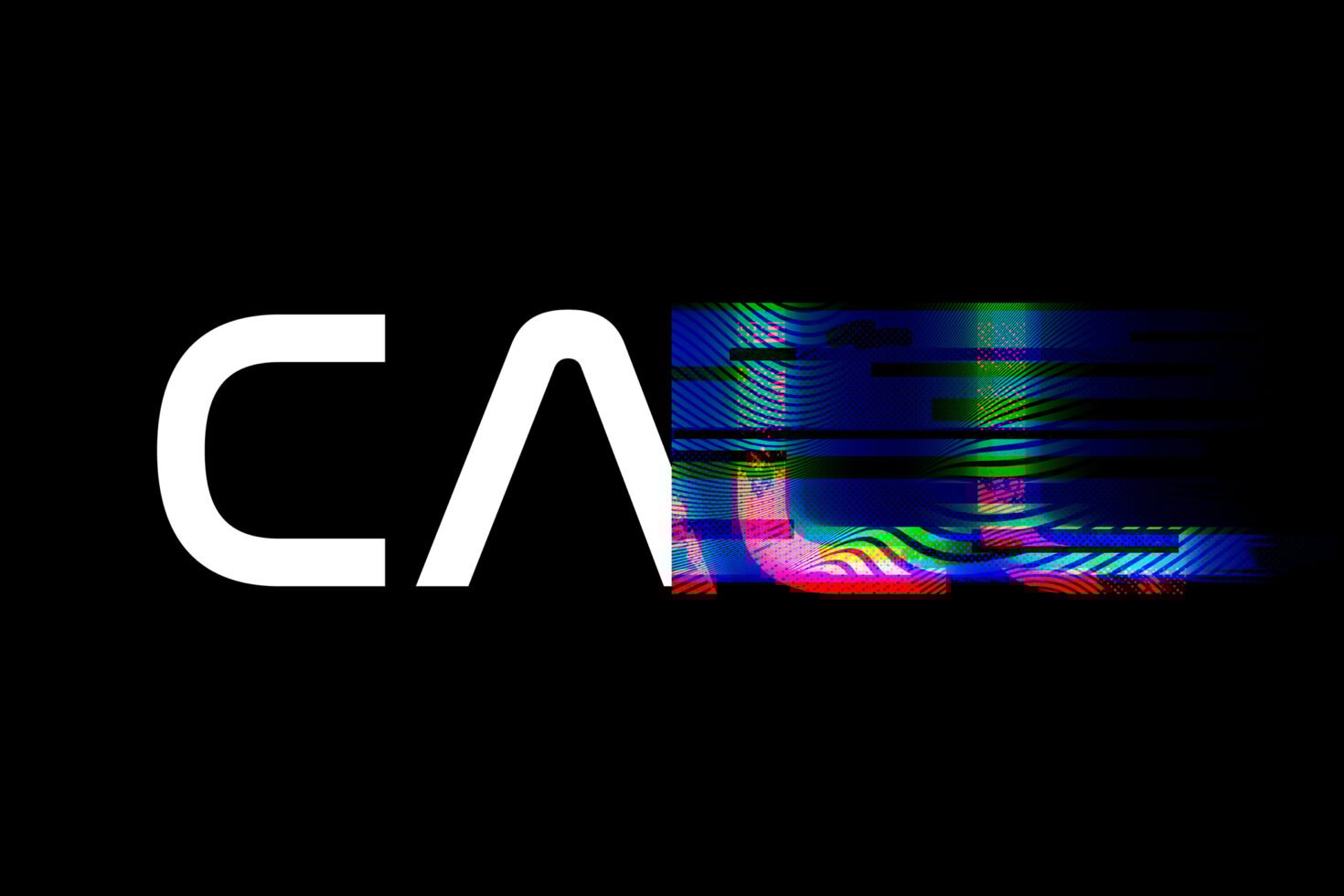 Glitchy typography design on black background with distorted colorful text effect suitable for modern digital art graphics templates and creative projects.
