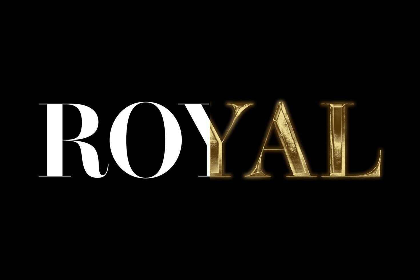 Elegant typographic design reading ROYAL with white serif and gold metallic text on black background ideal for luxury branding graphic designers Templates