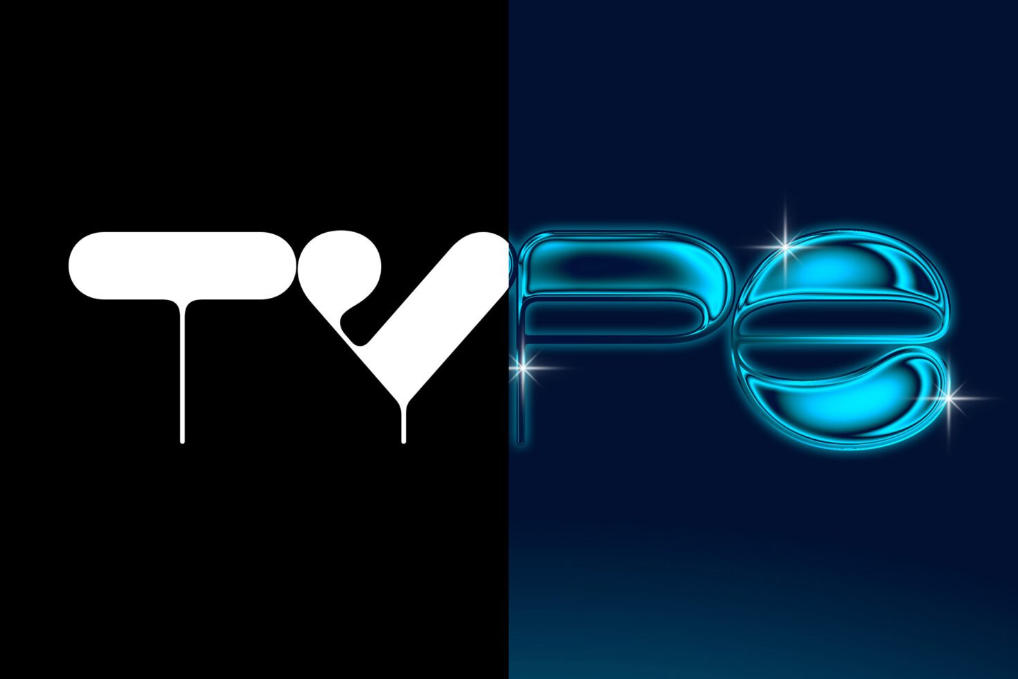 Futuristic typographic design with contrasting styles; left in white abstract forms, right in blue neon 3D text. Ideal for digital fonts and graphics.