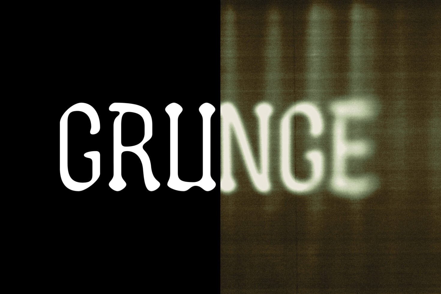 GRUNGE text split sharp white on black, soft glowing pale right side