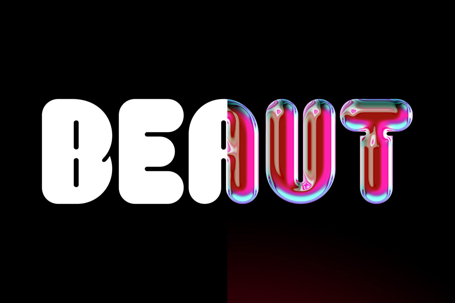 BEOUT with first two letters solid white, last three in iridescent liquid chrome style