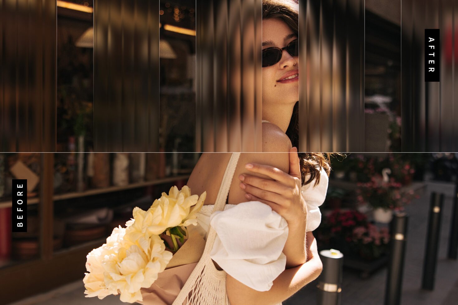 Before and after photo effect comparison with blurred filters showcasing floral arrangement in natural light graphic design asset for designers mockup.