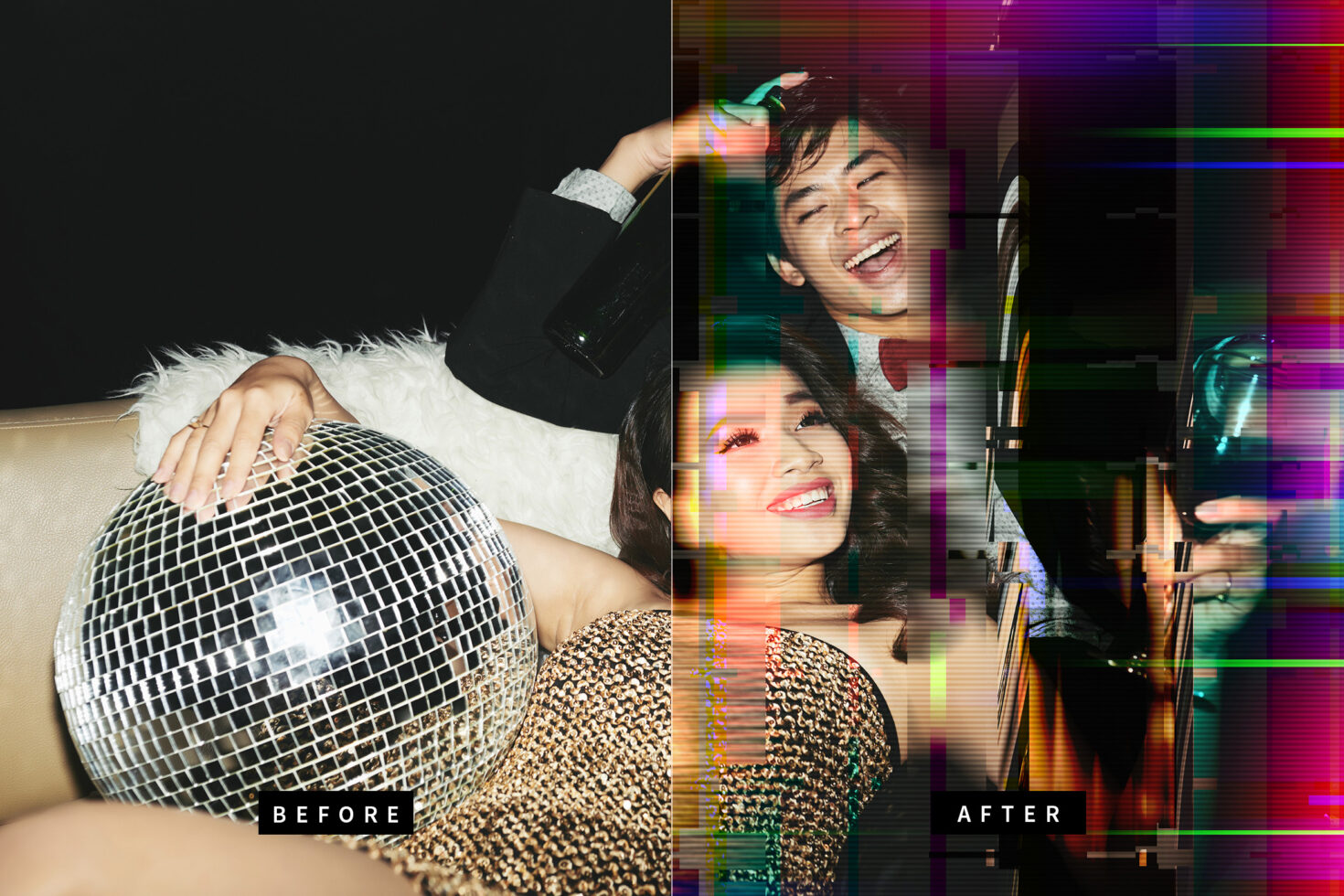 Split image of a party scene with disco ball in retro style, featuring a vibrant glitch effect, ideal for mockups or graphic templates for designers.