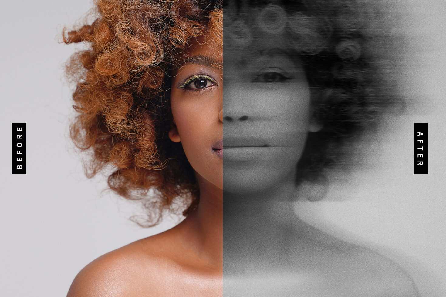Before and after photo split showcasing advanced photo editing techniques for designers with focus on color correction and grayscale effects mockup.