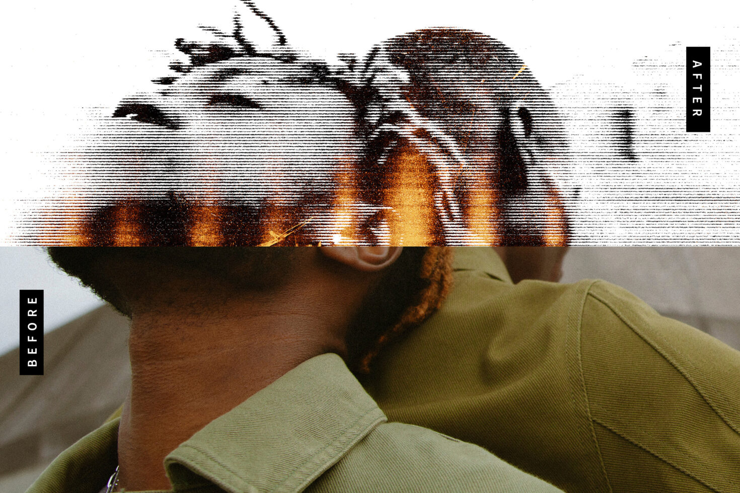Digital art showing a before and after of a photo edit. Grunge effect on portrait, glitch style overlay. Perfect for graphic templates and design projects.