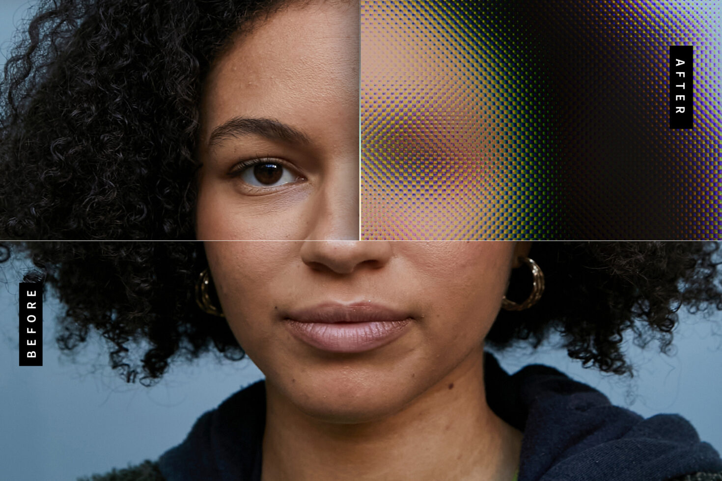 Before and after portrait showing photo editing effects with halftone filter applied to a woman's face for graphic design and digital asset use.