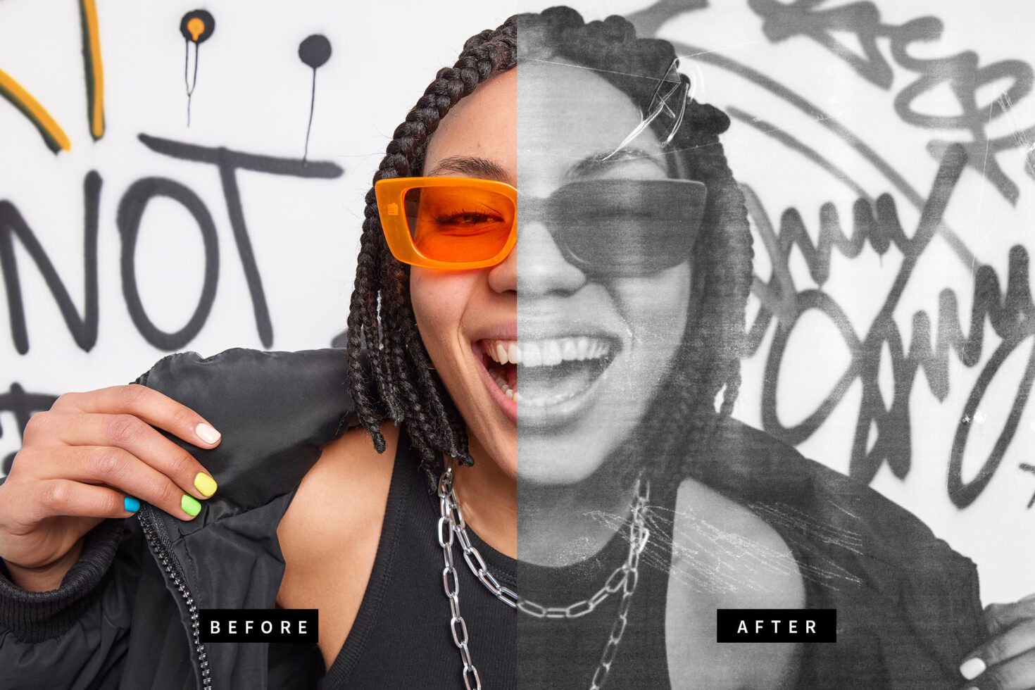 Split photo effect showing a vibrant portrait with an orange hue overlay on one side and monochrome with a vintage style on the other side ideal for filters.