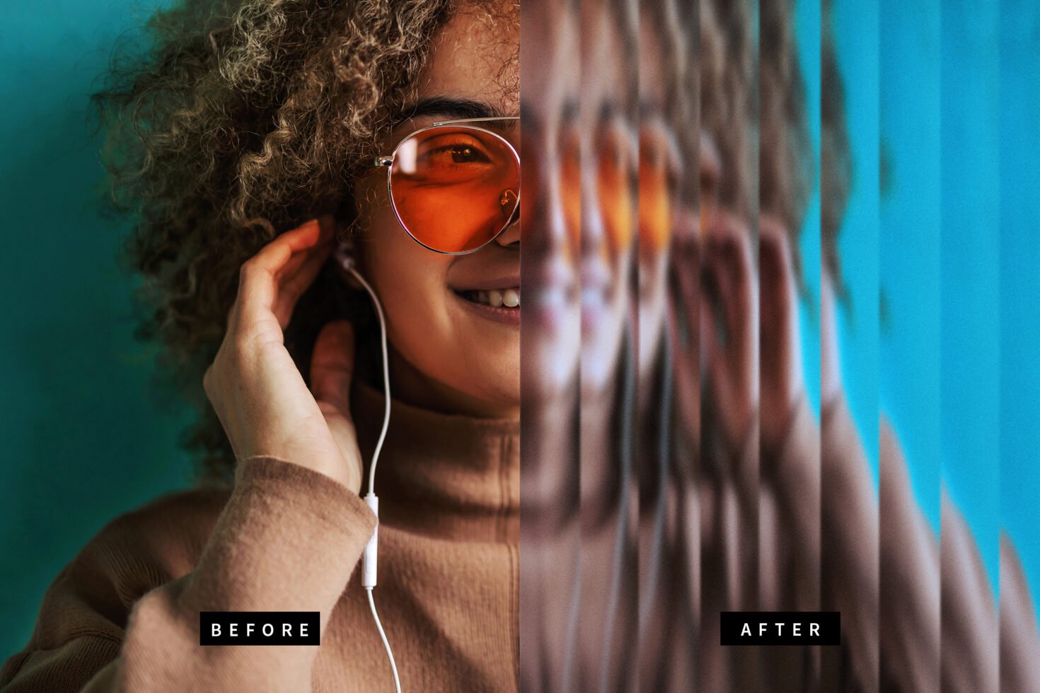 Split image of a smiling person with curly hair wearing orange sunglasses and earphones, showing a before after filter effect for photo editing mockup.