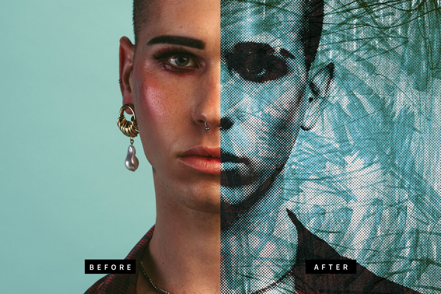 Split portrait image showcasing before and after effects; left side vibrant photo, right side halftone filter design; ideal for graphic designers.