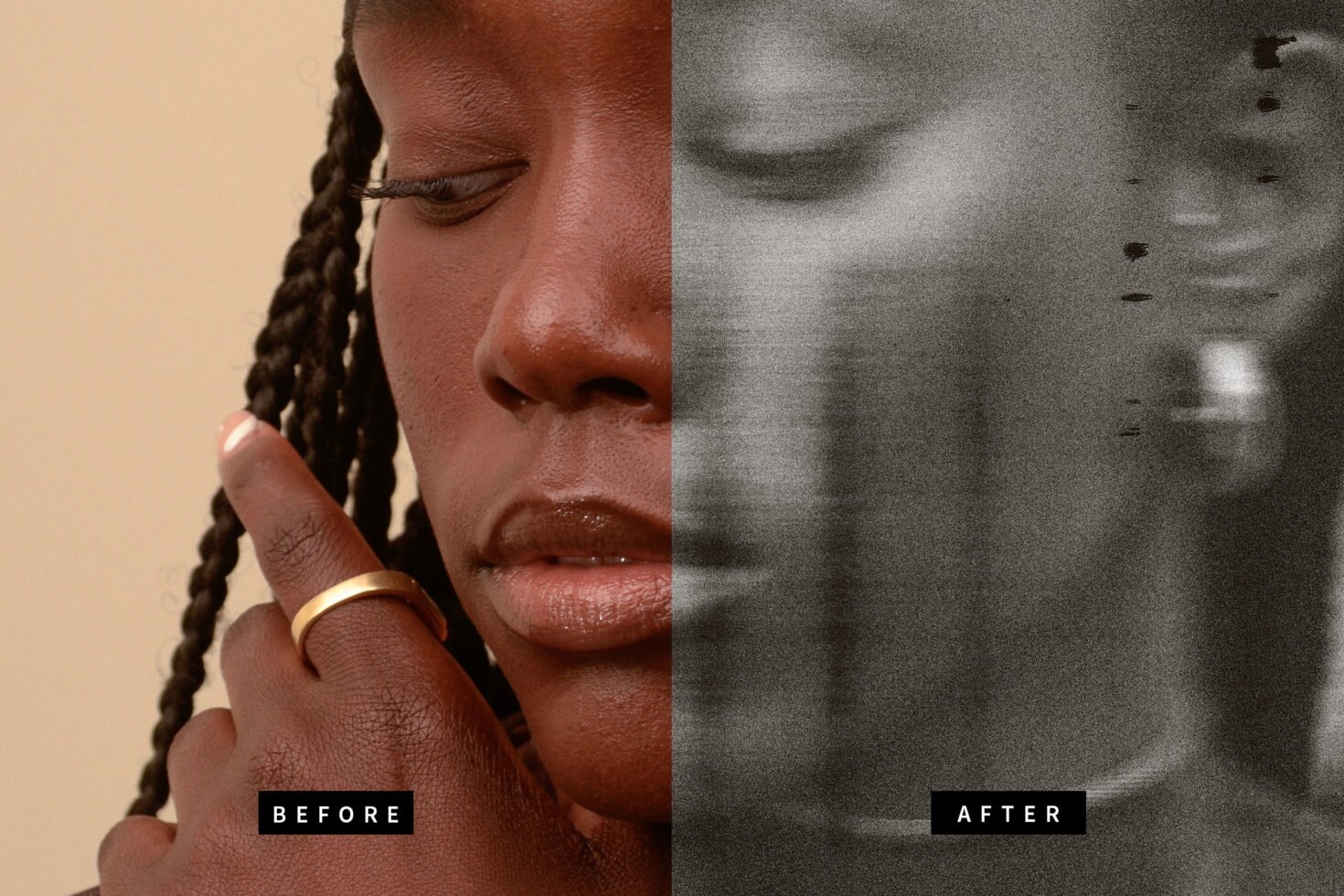Close-up of woman with braided hair and ring, split image with clear and blurred effects before and after, suitable for photo editing templates.