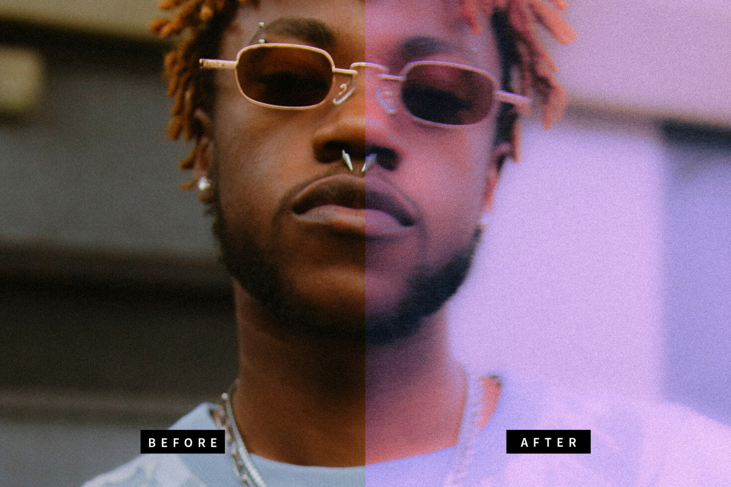 Portrait photo editing before after comparison showcasing color correction and filter effects for designers illustrating creative digital retouching techniques.