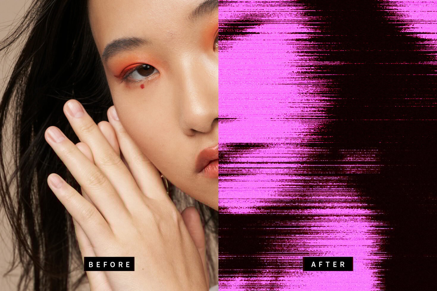 Before and after image split shows a woman's face with vibrant makeup on the left and a stylized digital pink glitch effect on the right. Ideal for graphics.