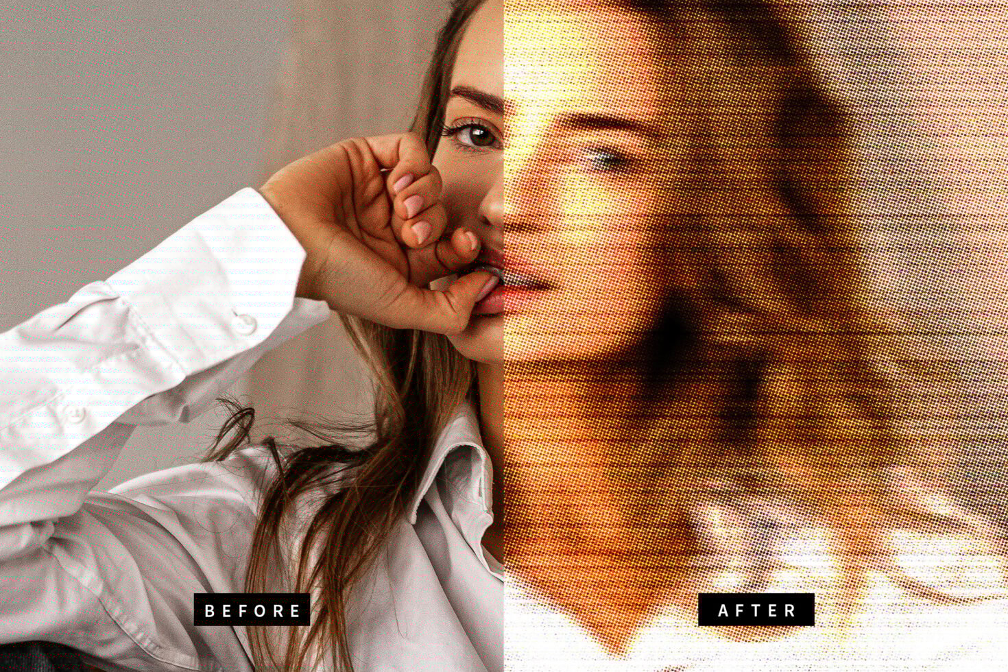 Before and after effect showcasing a photo filter transformation. Ideal for designers seeking creative graphics and templates for digital projects.
