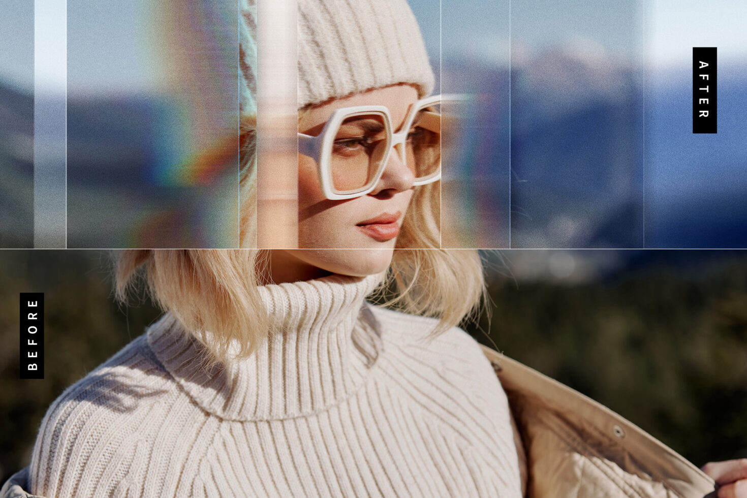 Light leak prism effect across outdoor portrait with beanie, before after