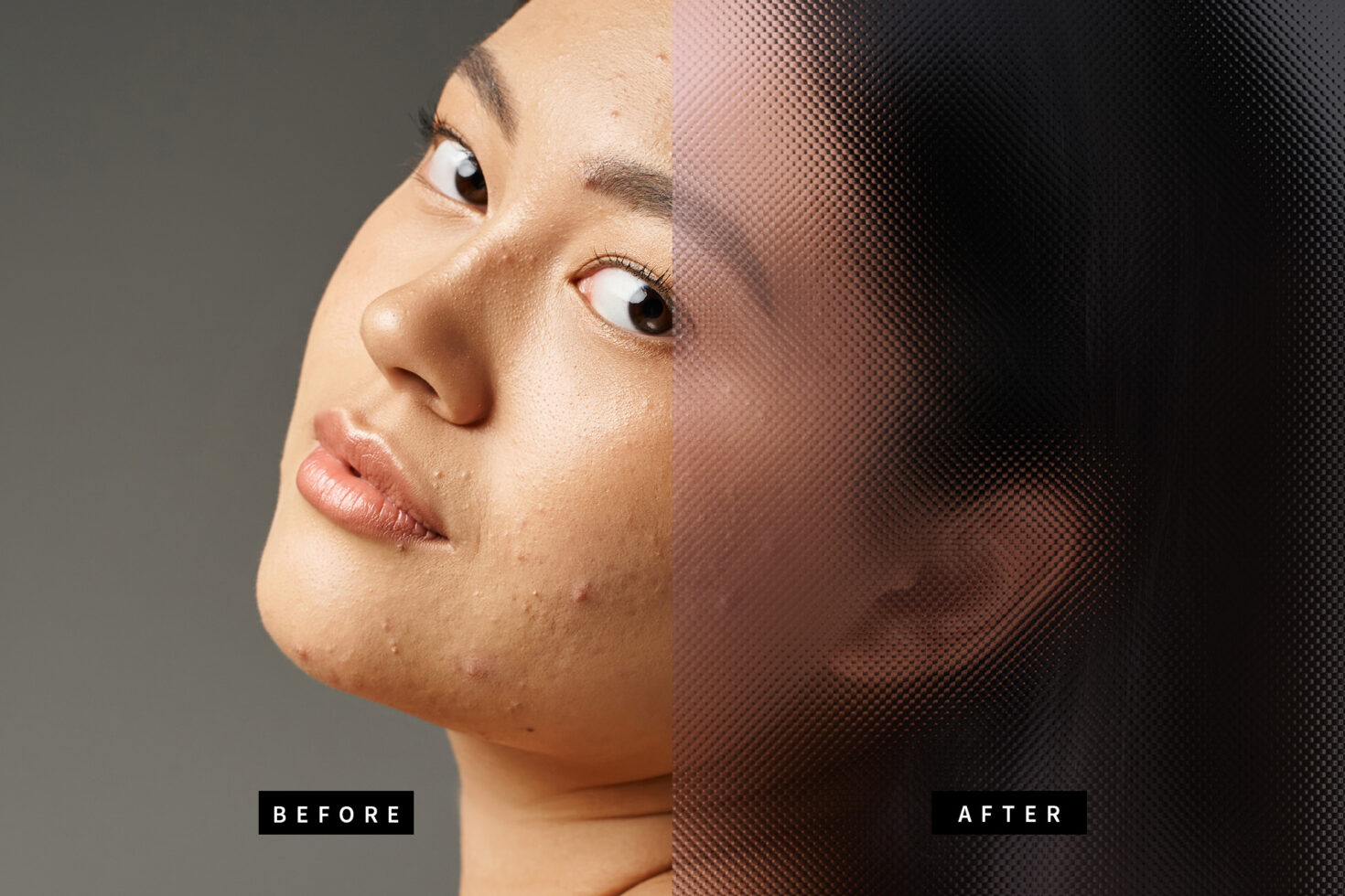 Before and after skin retouching mockup for designers featuring detailed and textured editing showcasing digital enhancement and facial transformation.