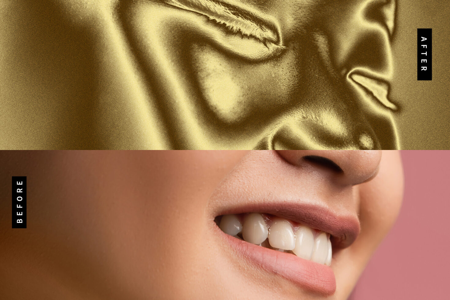 Split image transformation showcasing a realistic human face and a golden embossed effect for digital mockup designs ideal for creative projects