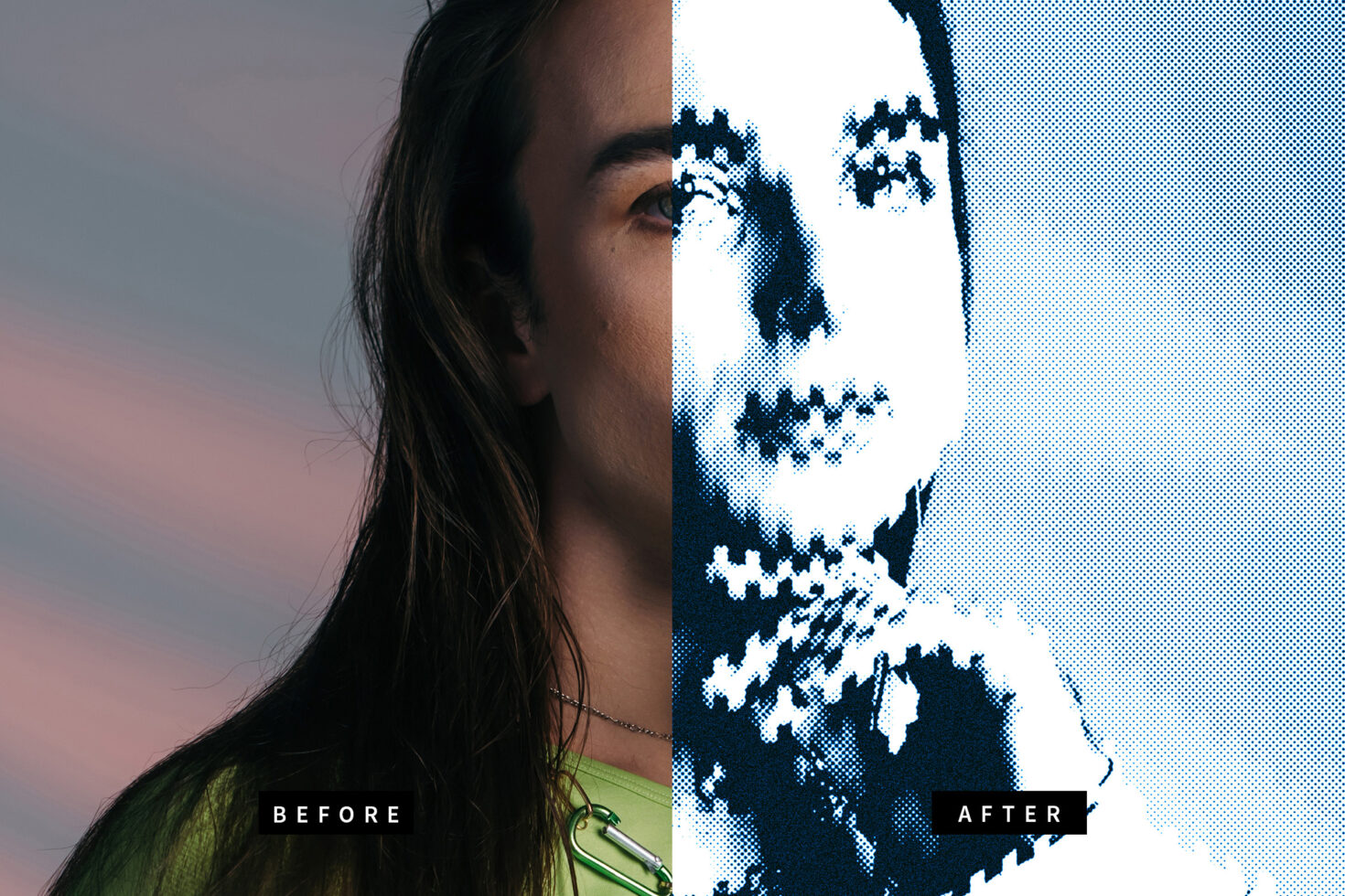 Split image shows a before and after effect. Left side is a realistic portrait, right is halftone style. Perfect for graphic design mockups and templates.