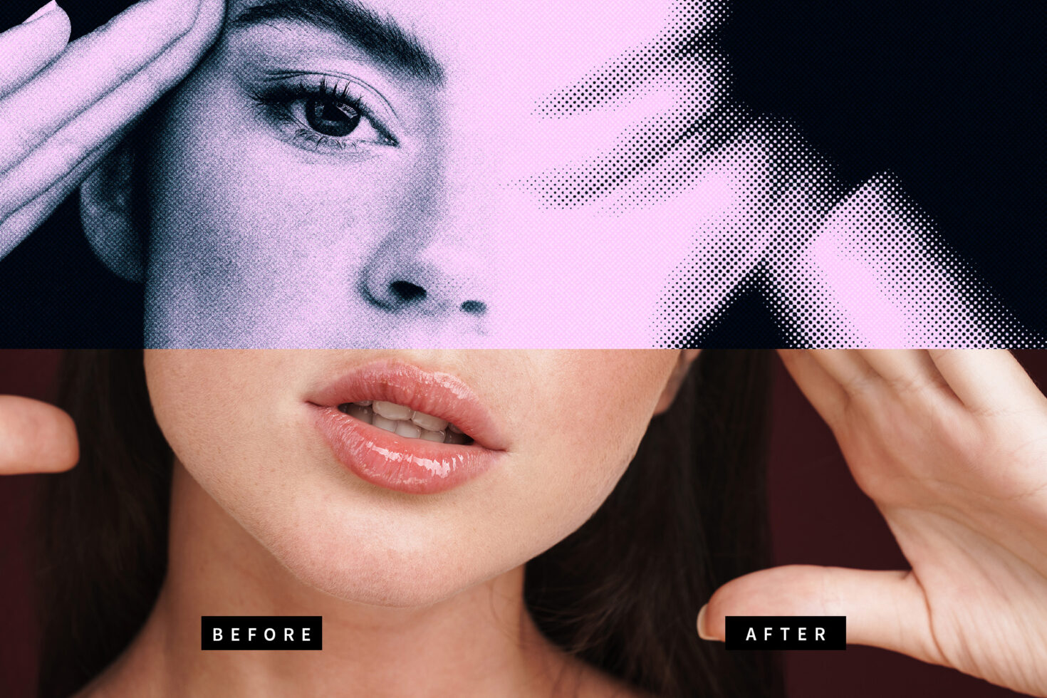 Split-filter photo effect: half monochrome pop art style above full-color portrait. Ideal for graphic design projects. Before and after comparison.