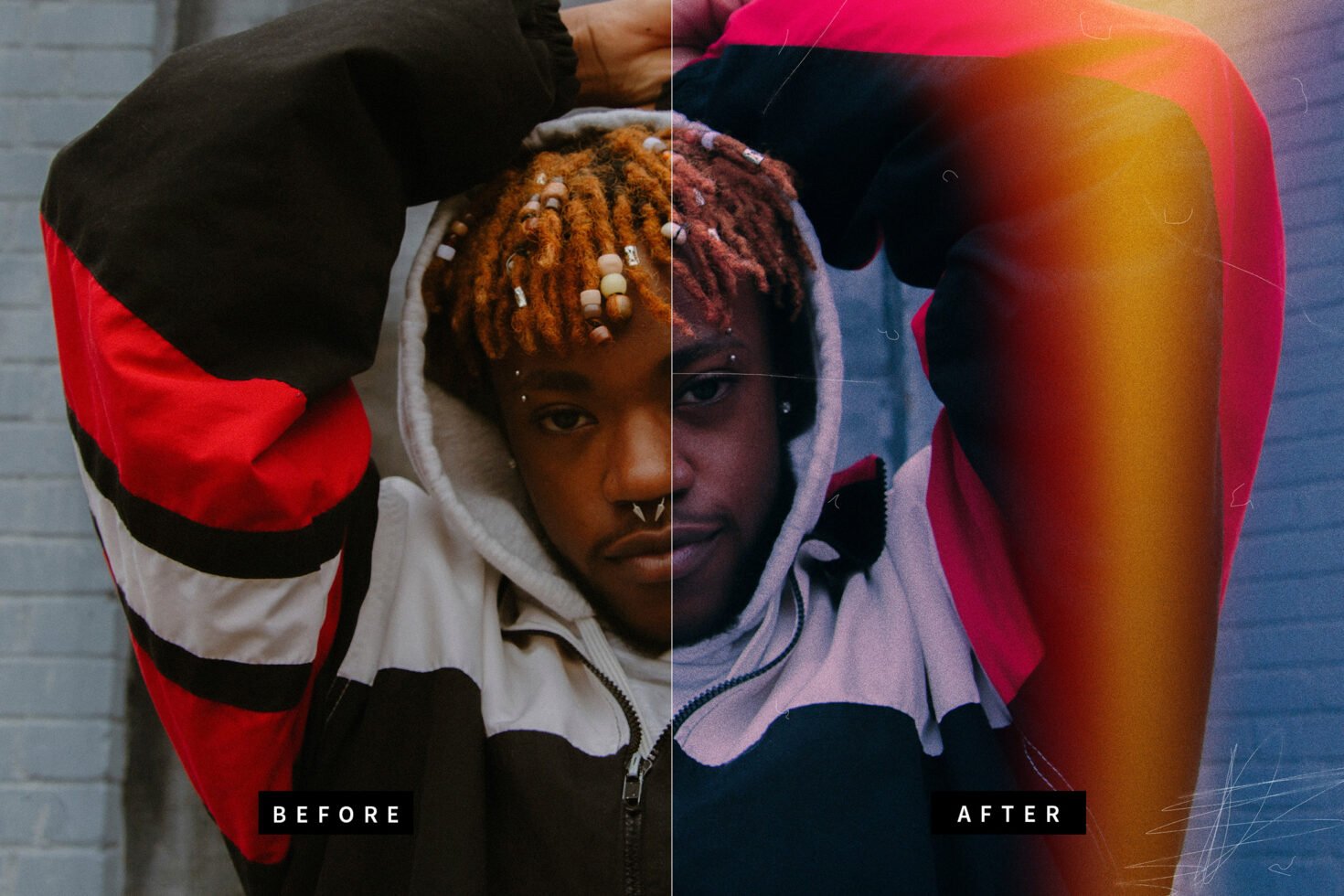 Urban fashion portrait with before and after color filter effects. Perfect for design mockups and graphic editing projects. Trendy and vibrant aesthetic.