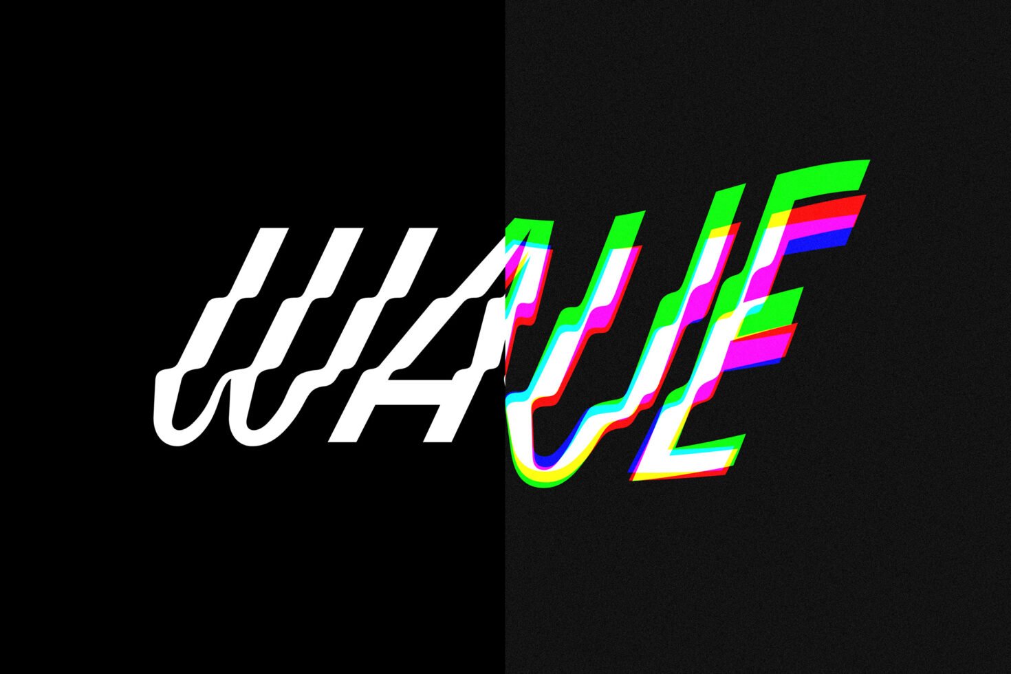 Bold glitch text effect with colorful distorted wave typography on a split black and white background suitable for graphics or mockup designs.