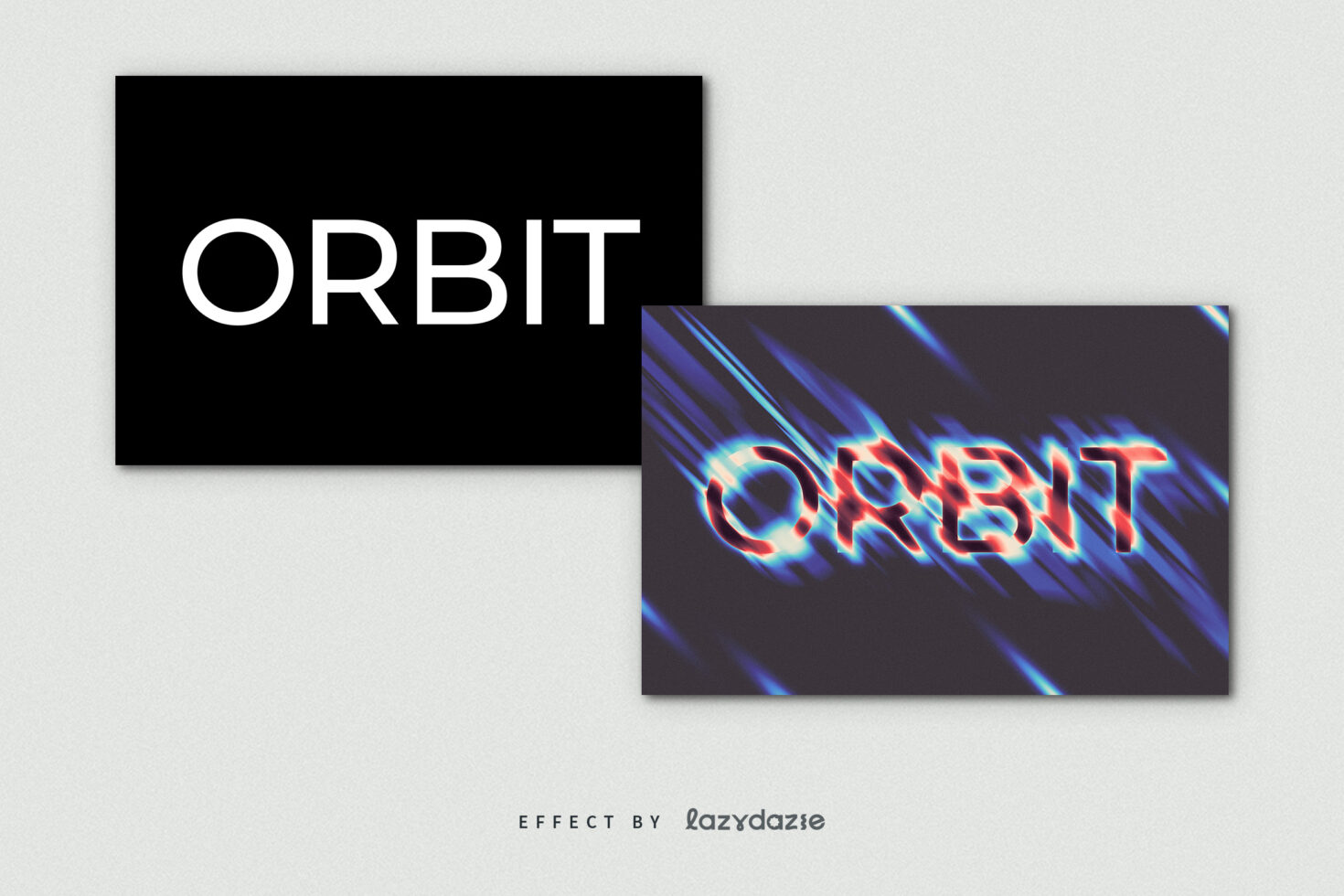 Glitch text effect mockup for designers featuring the word Orbit in bold white and distorted rainbow style on black and blurred backgrounds.