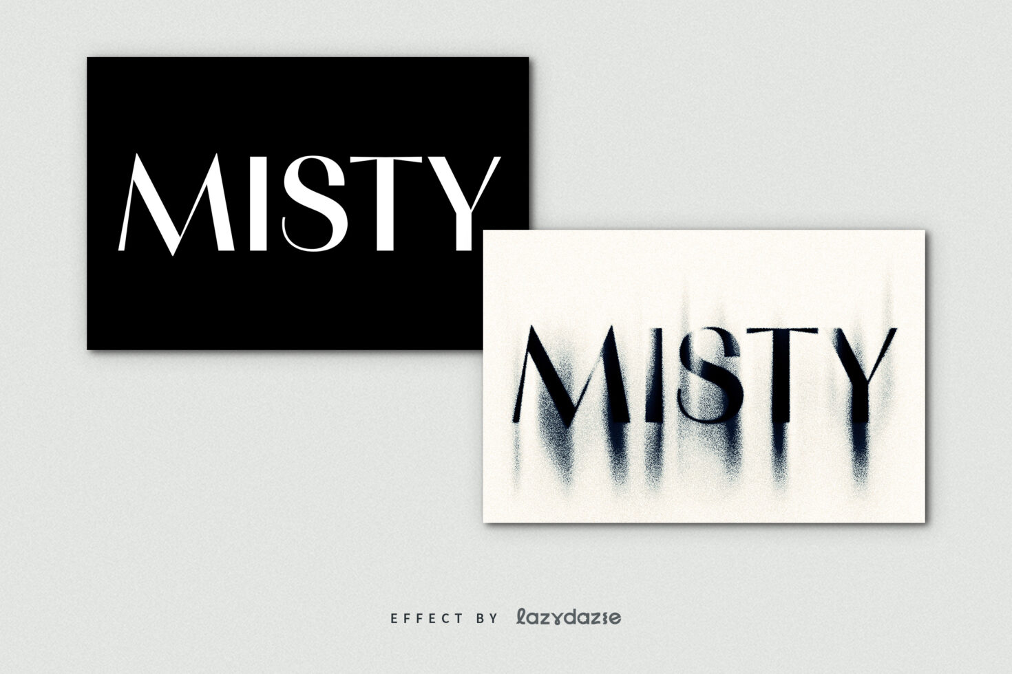 Modern font design mockup featuring the word Misty in bold black on white and gradient mist effect showcasing typography style for designers.