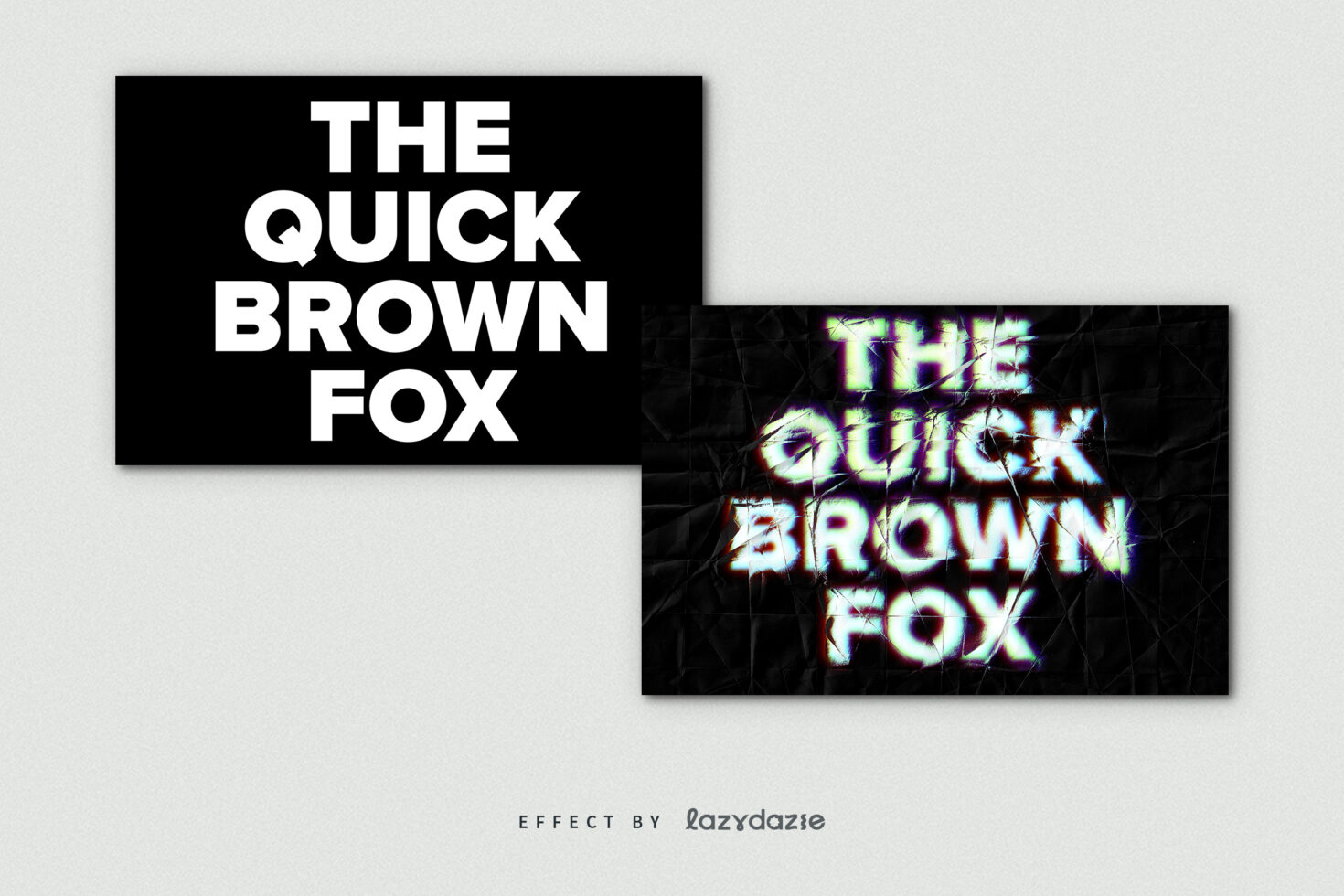 Bold typography graphic showing the text The Quick Brown Fox with glitch effect suitable for designers. Perfect for typography mockups and font effects.