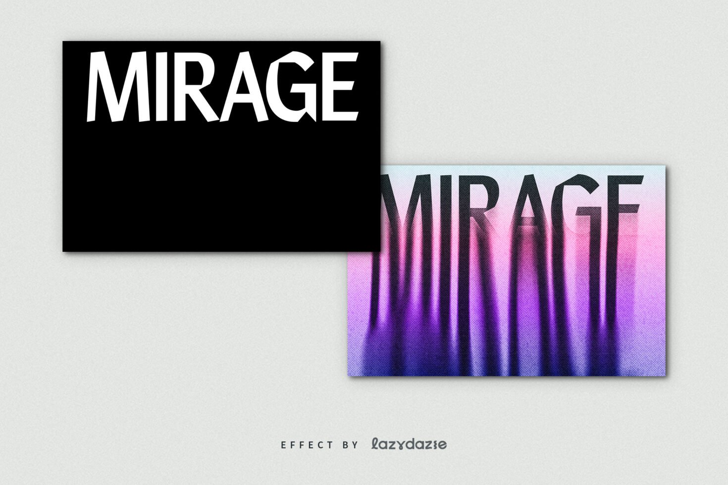 Typography mockup with MIRAGE text effect; bold font on black, colorful distorted reflection in purple pink shades; perfect for graphic designers.