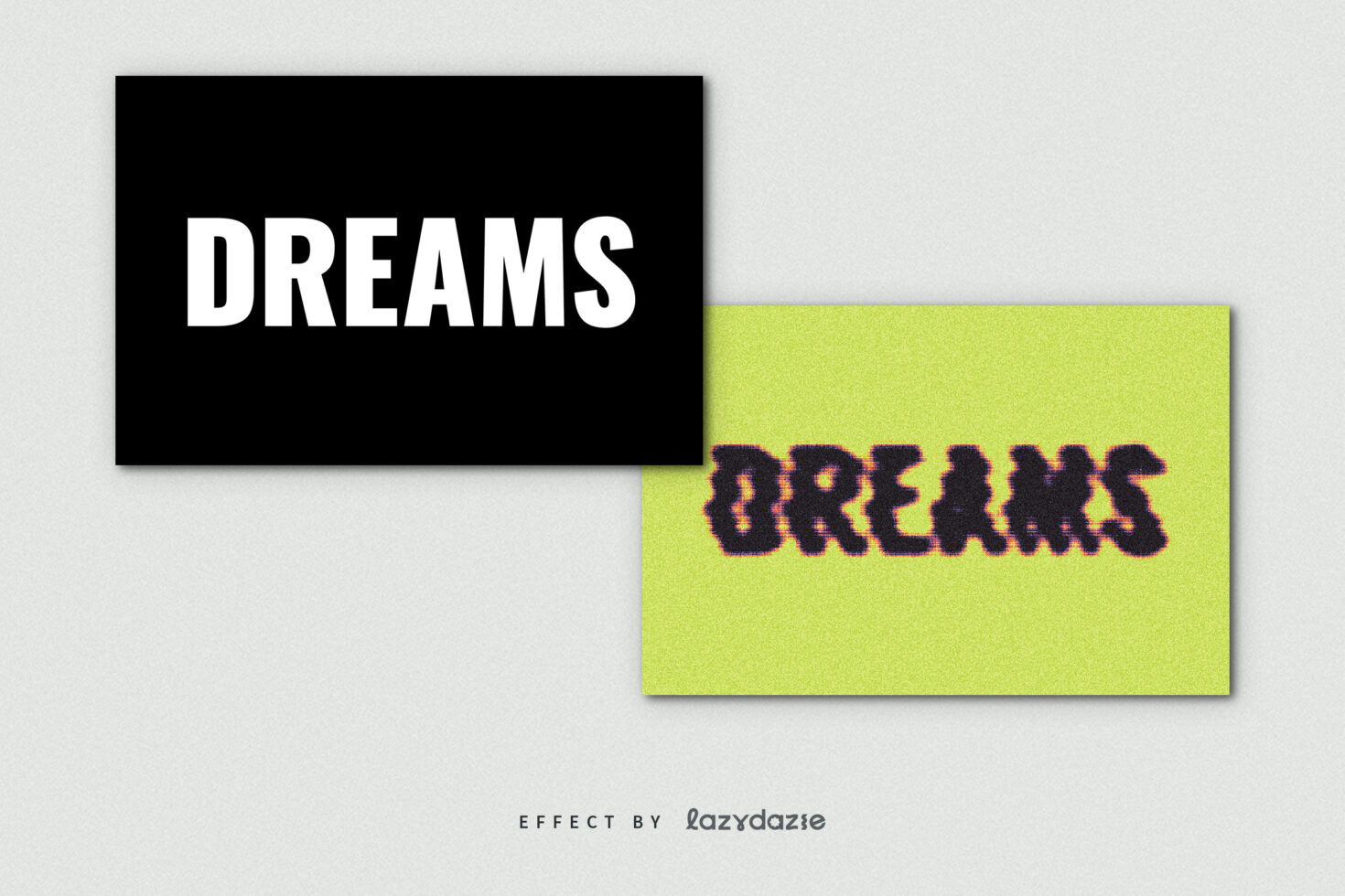 Glitch text effect on the word Dreams with bold typeface design. Black and green backgrounds. Ideal for graphic design or typography projects.