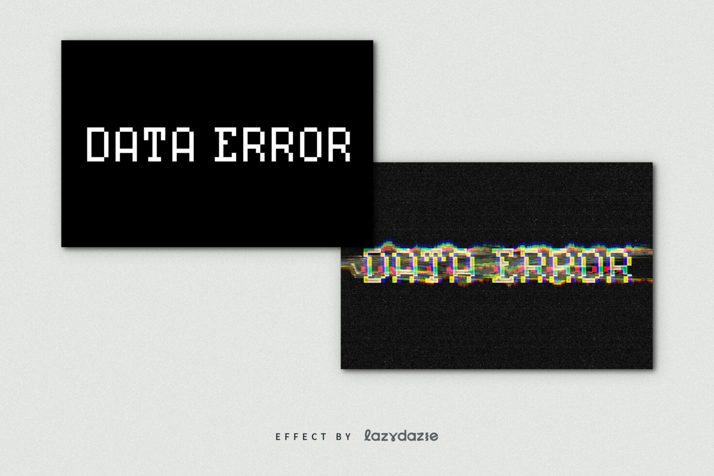 Glitch text effect presentation featuring Data Error with pixel distortion on black background ideal for designers creating digital assets and templates.
