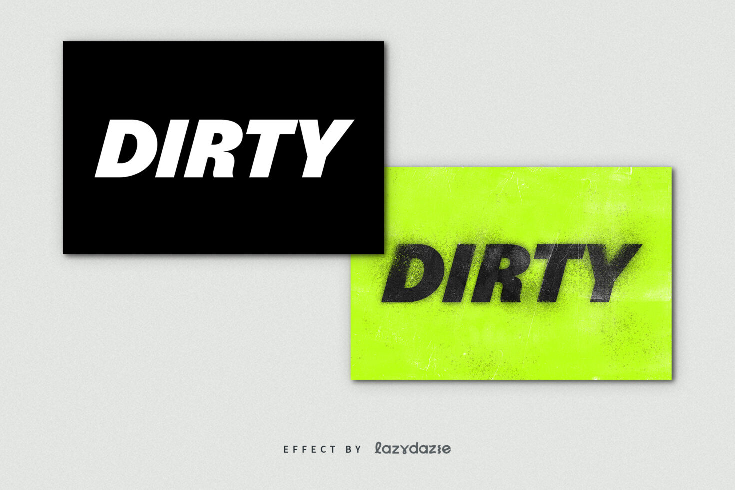 Bold typography displaying the word Dirty in a clean white version and a grungy neon version ideal for graphic design templates and font mockups