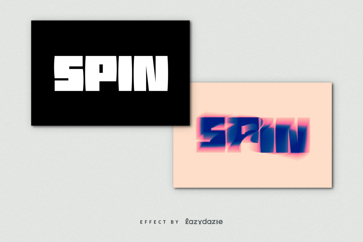 Bold font designs featuring the word Spin; one black and white with solid letters, the other colorful with a 3D blurry effect; typography graphic asset