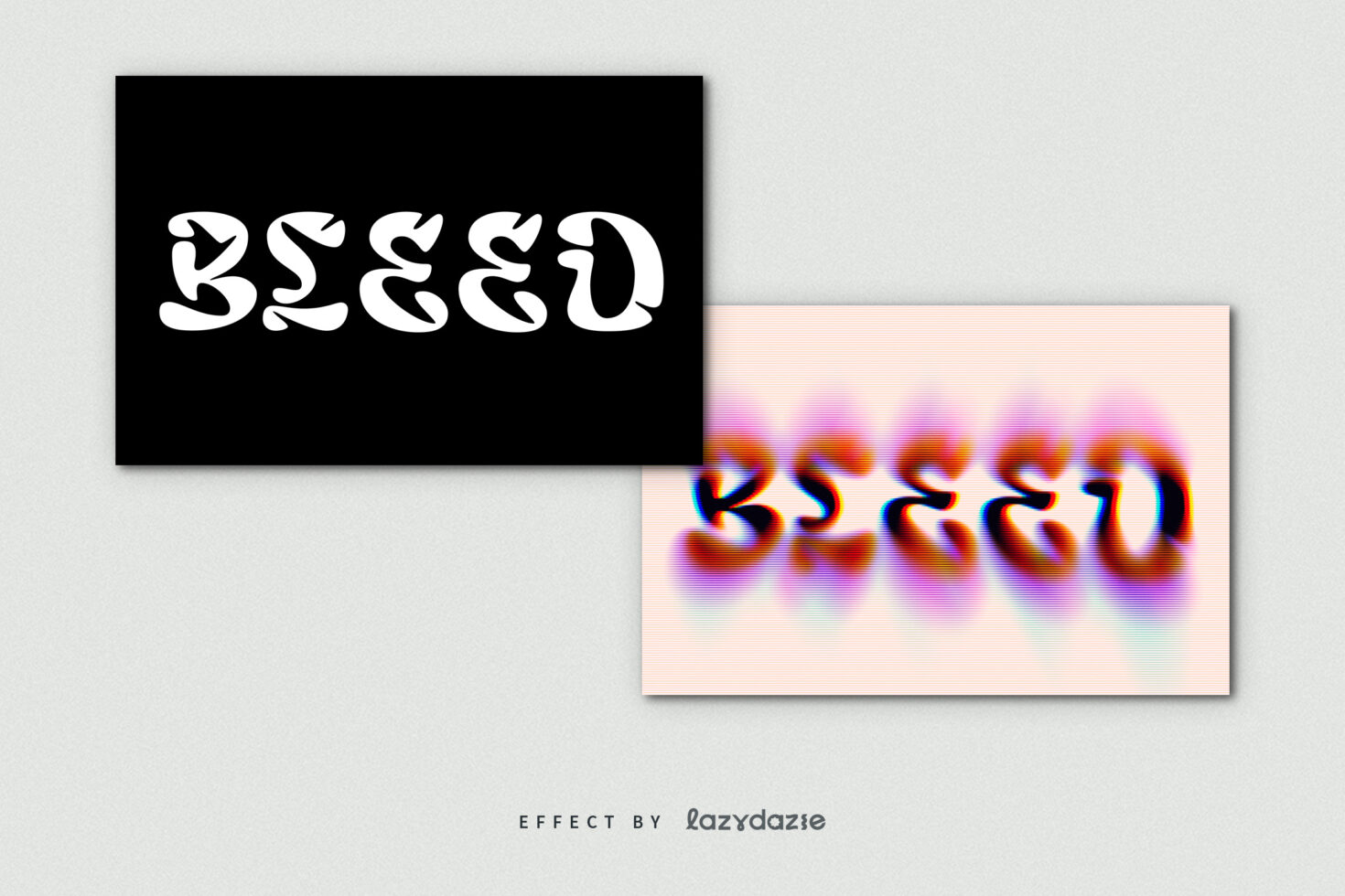 Distorted text effect reading BLEED with a psychedelic touch on black and pastel backgrounds. Ideal for graphics templates or font designs. Designer: Lzaydaze