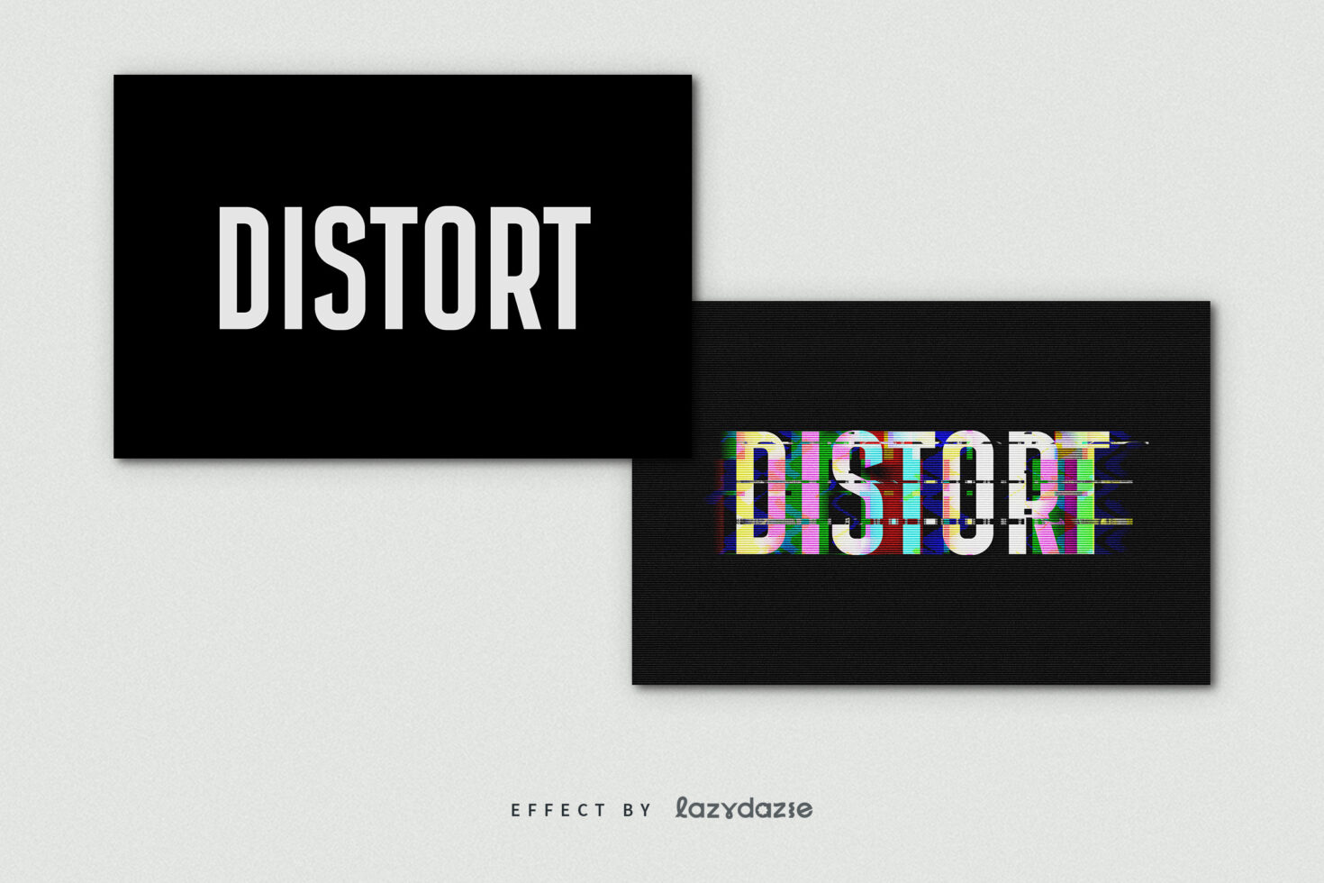 Text effect showcasing the word Distort in bold white on black background and glitch effect. Ideal for graphics designers, typography, digital art projects.