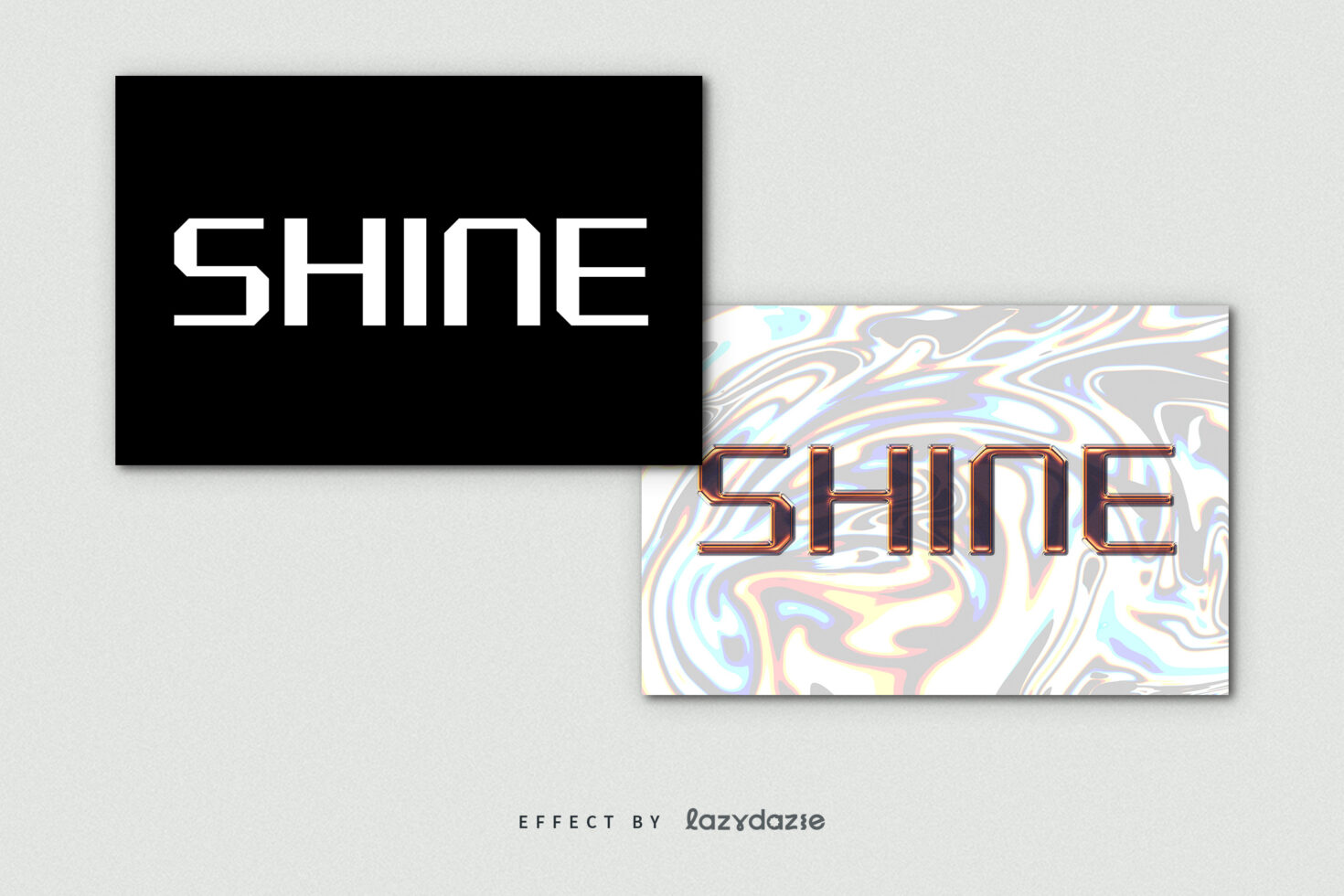 Dual display of modern typography. First shows bold text SHINE on black. Second features iridescent text SHINE on swirled background. Font design graphic.