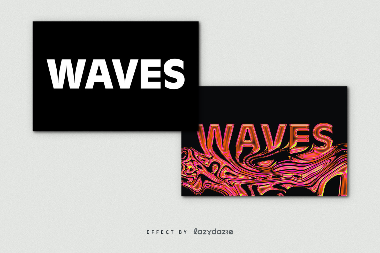 Digital text effect mockup showcasing the word WAVES with a colorful psychedelic distortion. Ideal for graphic designers seeking unique typography assets.