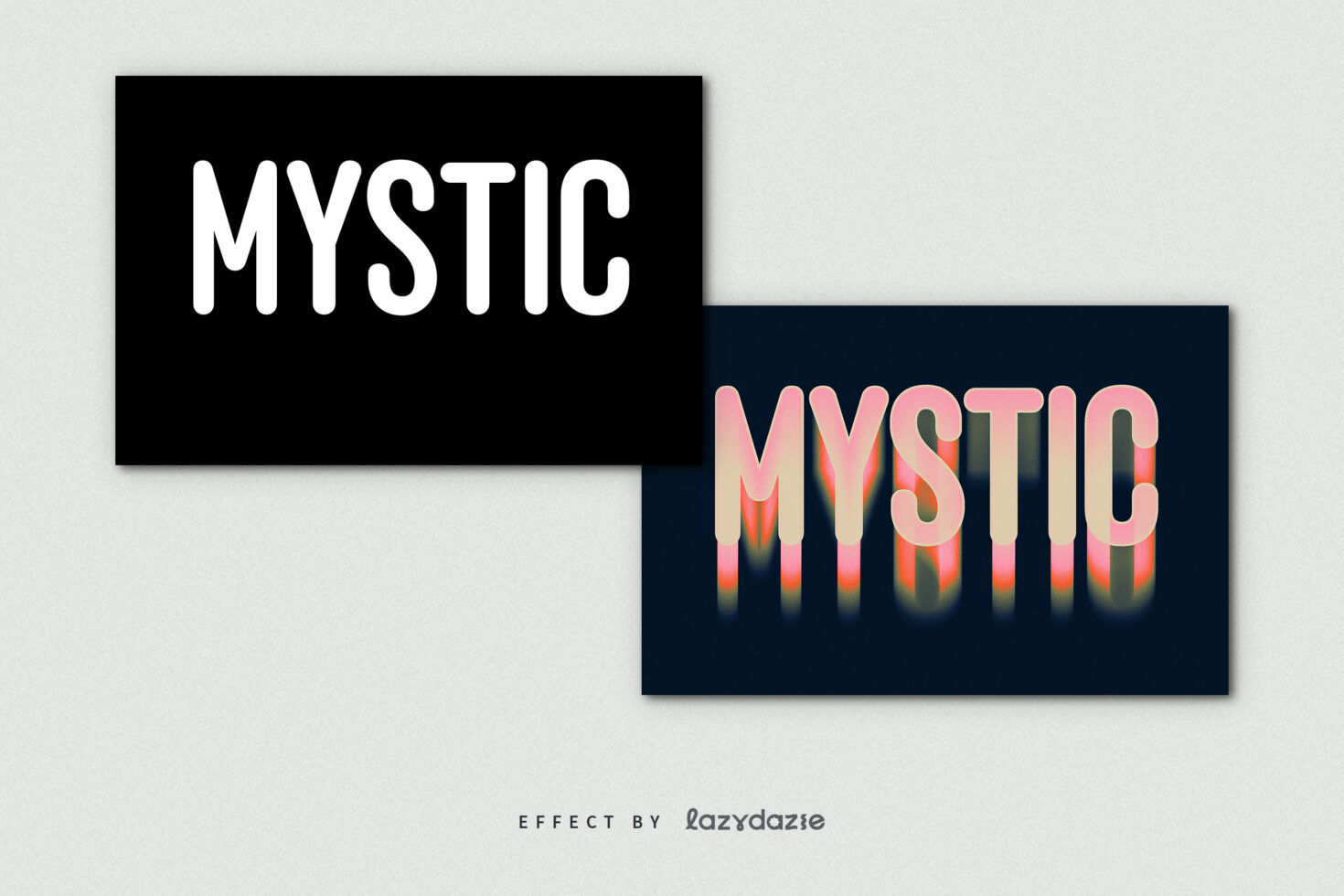 Mystic text effect showcasing bold typography with gradient hues and shadow overlay on minimalist backgrounds ideal for graphic and font designers