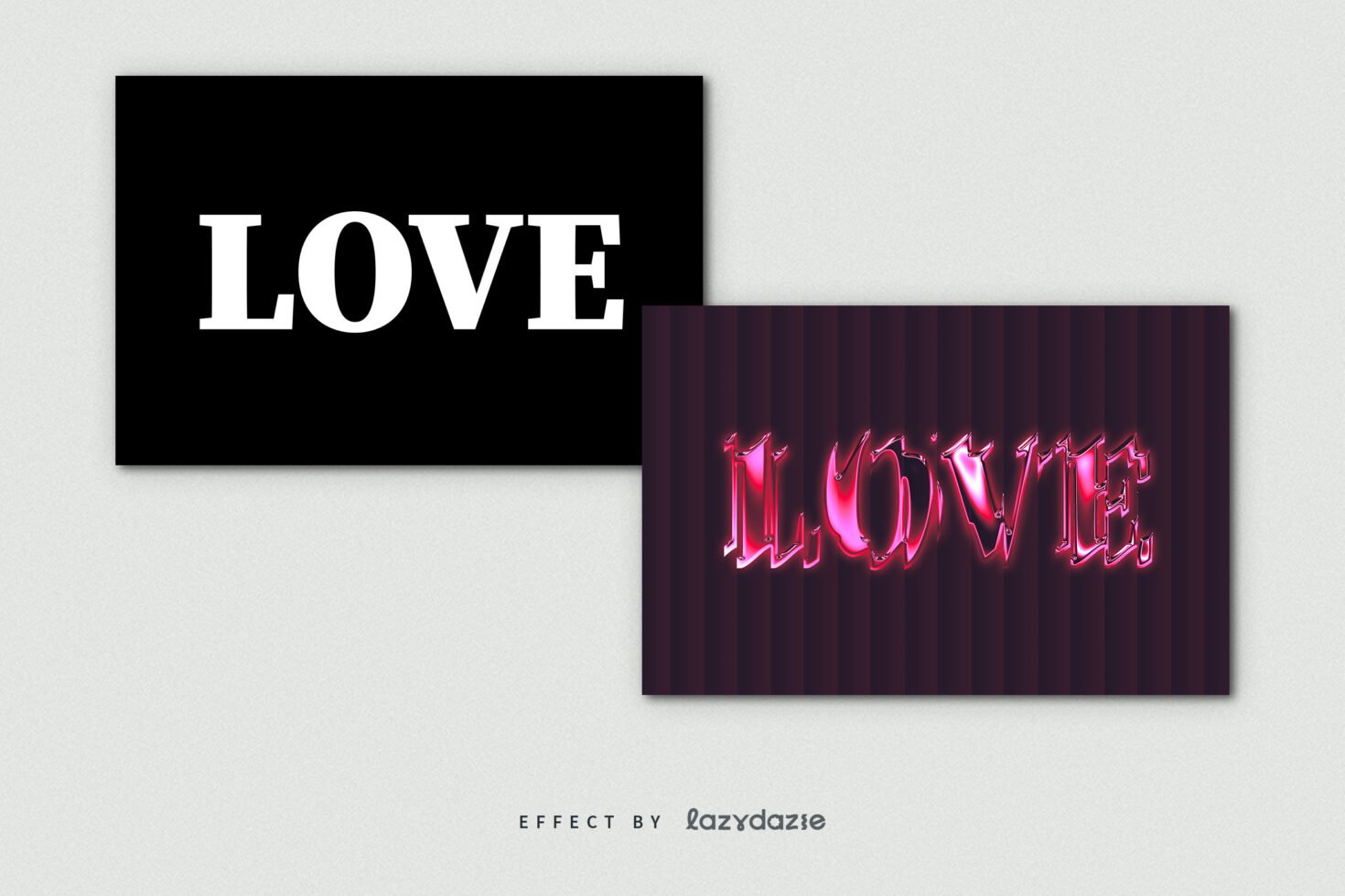 Bold black and white text effect mockup with vibrant neon love font style on dark striped background ideal for creative graphic design projects.
