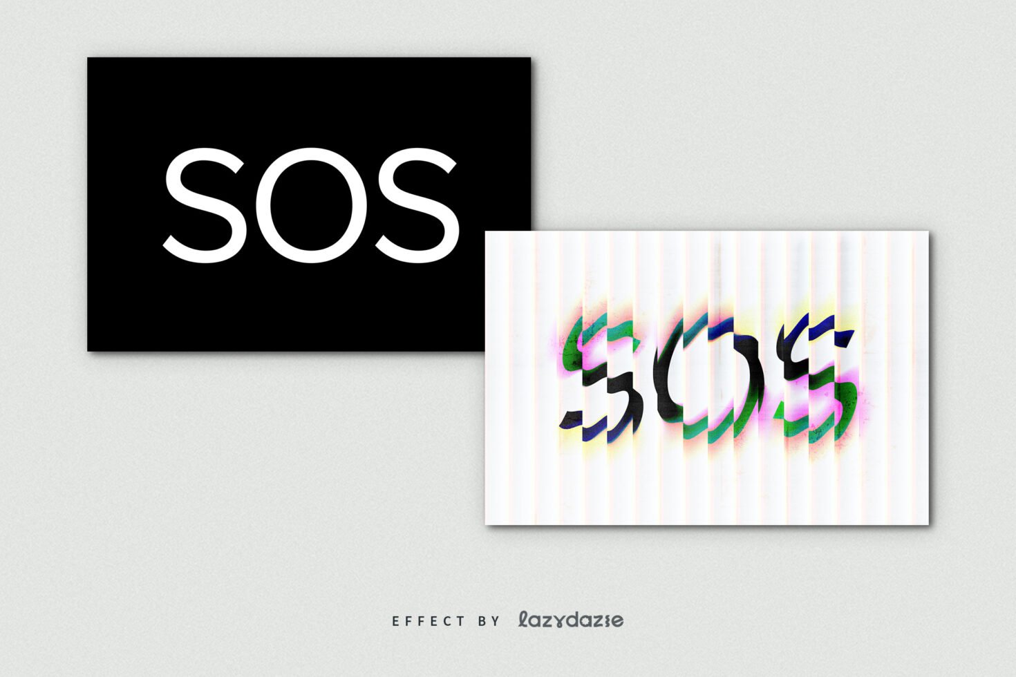 Minimalist black and white SOS on left and colorful glitch effect SOS on right perfect for graphic designers font template creative projects mockup