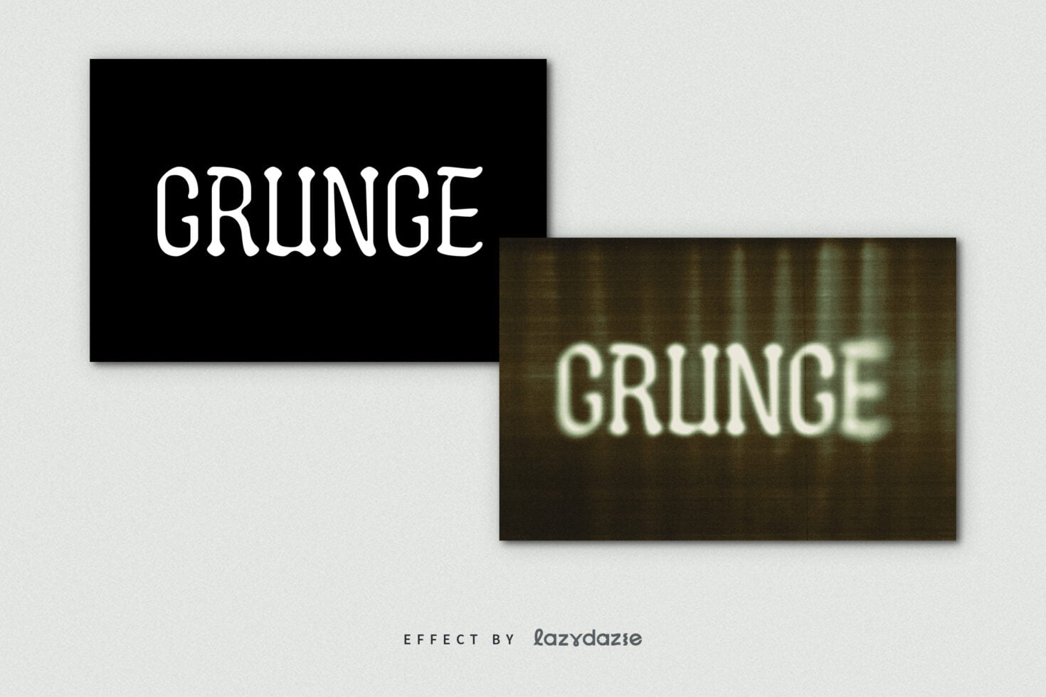 Split screen showing GRUNGE text clean on black, blurred on textured overlay