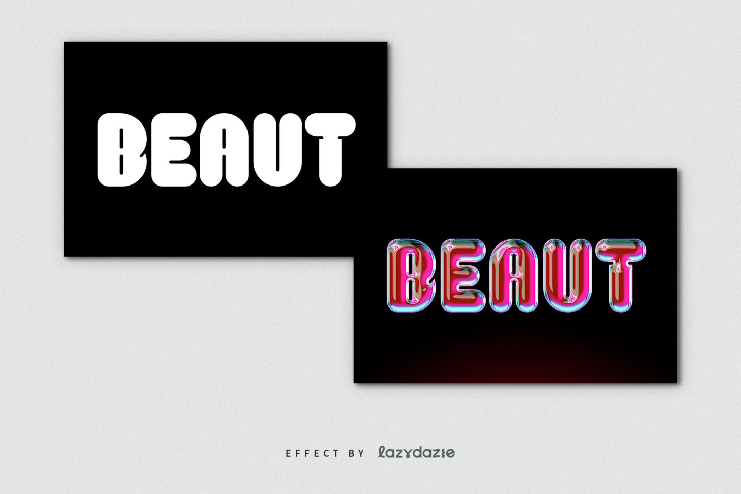 BEAUT in white solid type overlaps BEAUT in rainbow chrome liquid effect